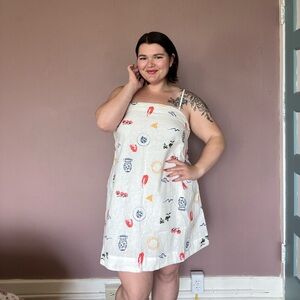 White Linen-Blend Spaghetti Strap Mini Dress with Italian Food Print XL